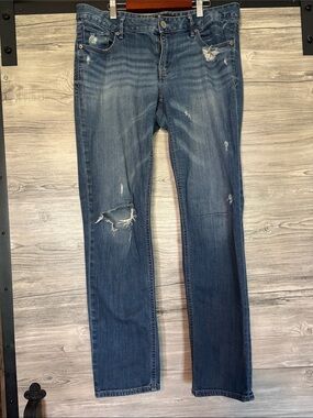 Express Distressed Straight Leg Jeans in Blue Denim